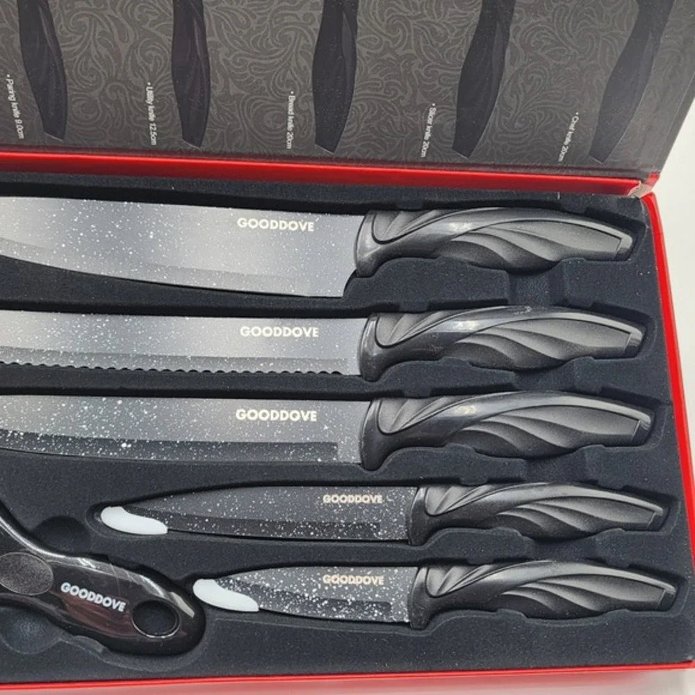 Gooddove SG-9200 Kitchen Knife Set Black 6 Piece Antibacterial‎ Swiss Gold New